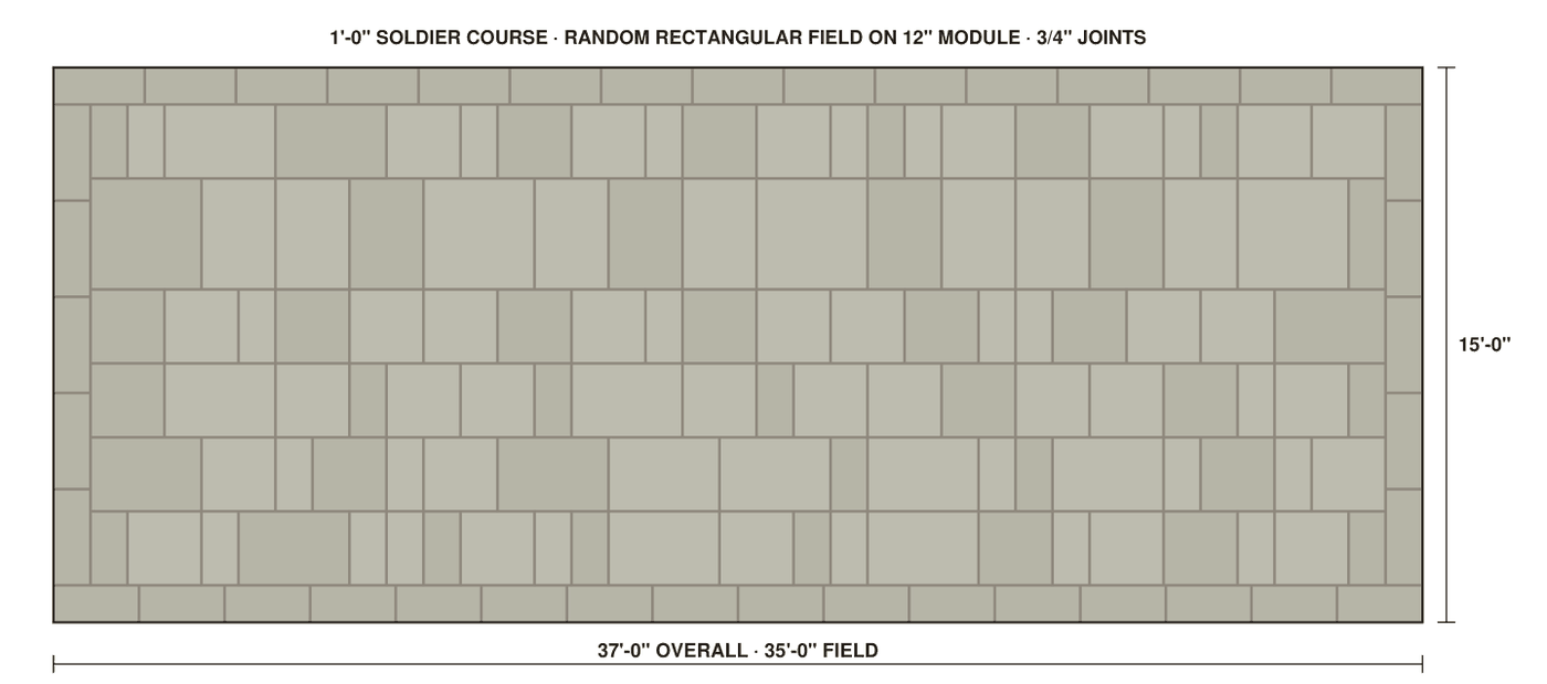 Coursing study drawing of the terrace: a one foot soldier course framing a random rectangular stone field on a twelve inch module with three-quarter inch joints.