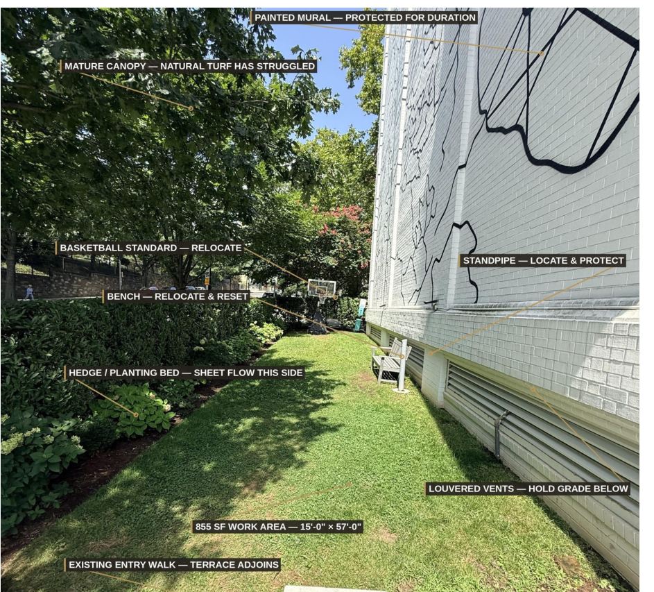 Annotated field photograph of the hotel side yard before construction, marking the painted mural, louvered vents at grade, standpipe, mature tree canopy and the 855 square foot work area.